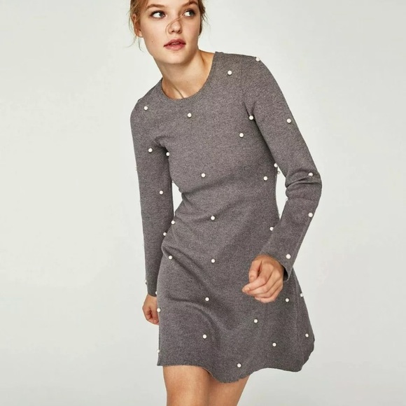 ZARA KNIT COLLECTION SKATER DRESS PEARL BEADS BRAND NEW WITH TAGS SMALL GRAY - Picture 3 of 7
